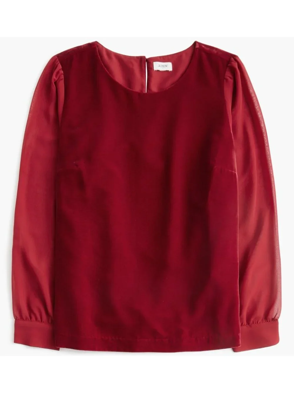 J Crew Puff Sleeve Velvet Top~Size Med~Red Sheer Long Sleeve Blouse NWT L6 33